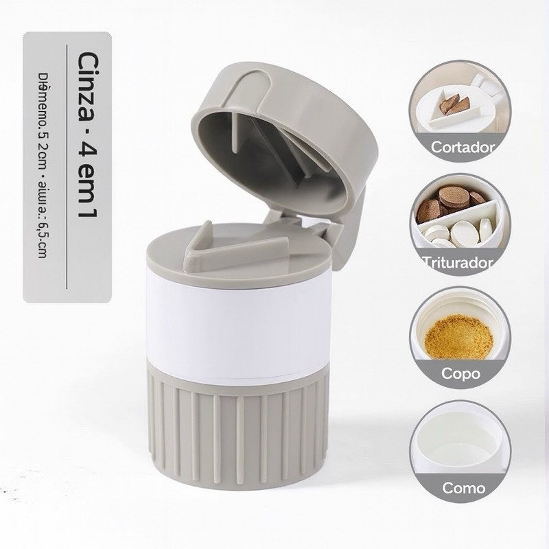 Cortador e Triturador de Comprimidos 4 em 1 com Porta-Remédios e Copo – Uso Doméstico e Portátil