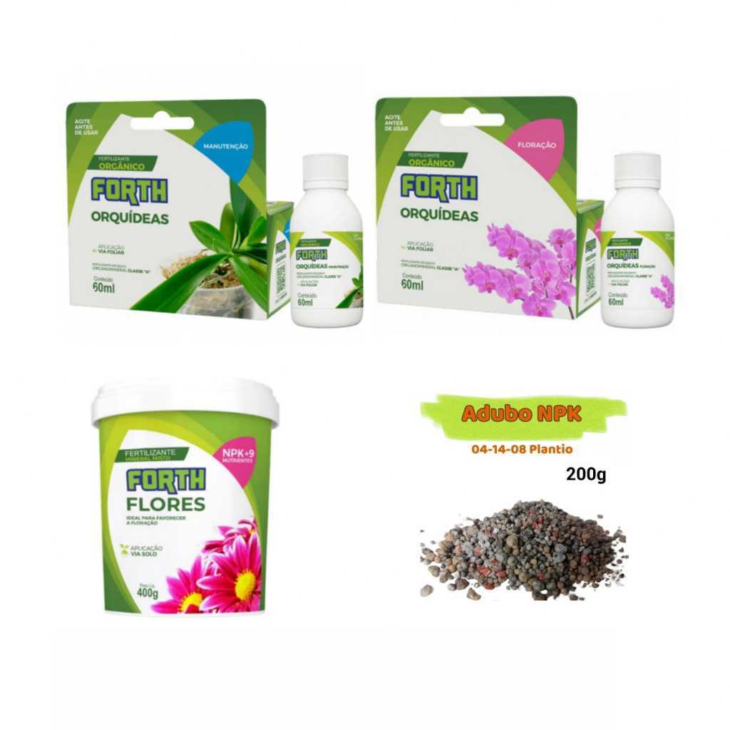 kit flores e orquideas - forth flores 400g + forth orquideas floração e manutençao 60ml concentrado + NPK 200g