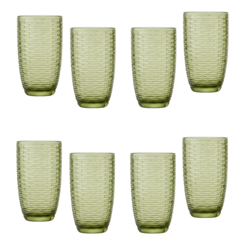 Conjunto 8 Copo Vidro Rattan Ambar Verde 455ml Mesa Servir