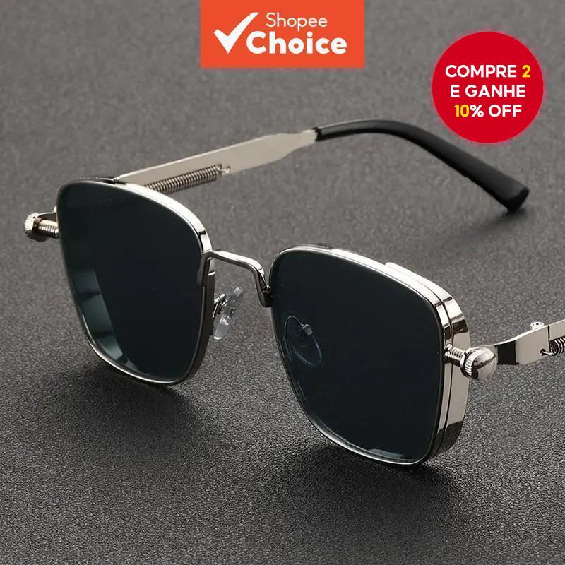 Óculos de Sol Retro com Armação Quadrada Steampunk em Metal, Proteção UV para Homens e Mulheres