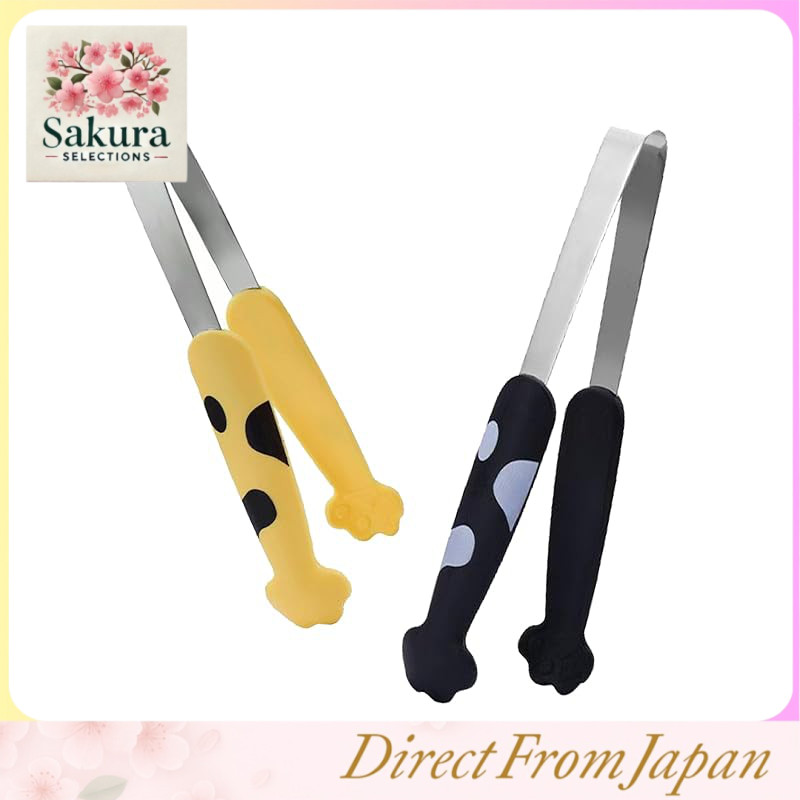 Set of 2 Cute Cat Paw Food Clips, 18.5 cm Stainless Steel Heat-Resistant Cooking Tongs for BBQ, Camping, and Grilling (Yellow + Black)