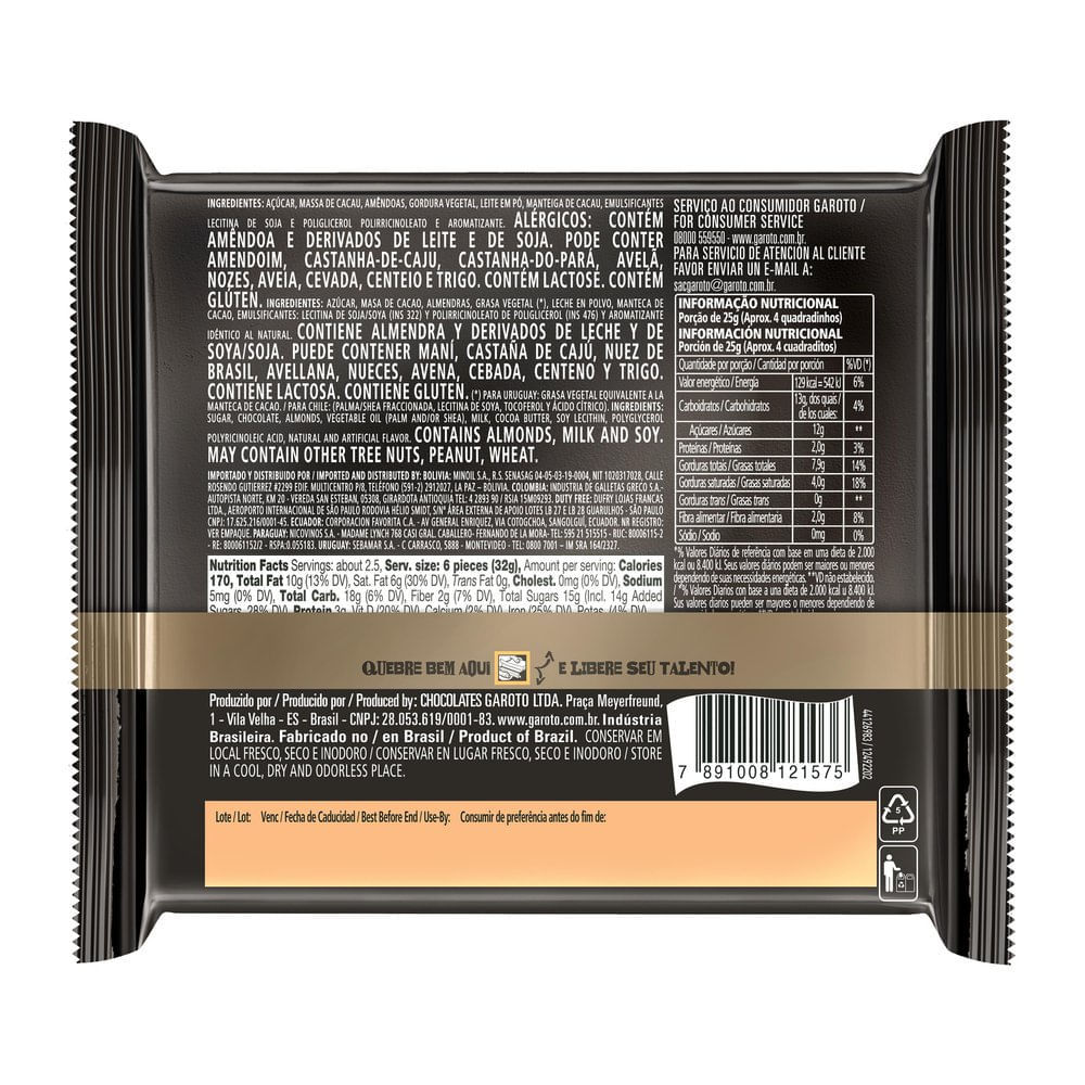 Detalhes do Chocolate Garoto Talento Meio Amargo com Amêndoas 85g