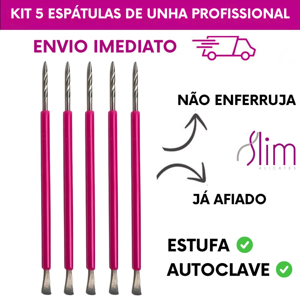 Kit 5 Espátulas de Unha Inox com Cabo em Silicone Rosa – Uso Profissional