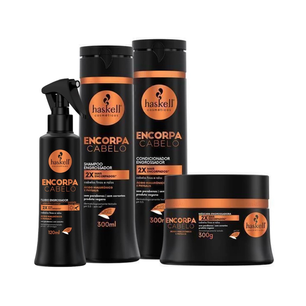 Kit Haskell Encorpa Cabelo Completo Shampoo + Condicionador + Máscara + Fluido Engrossador Fios Finos