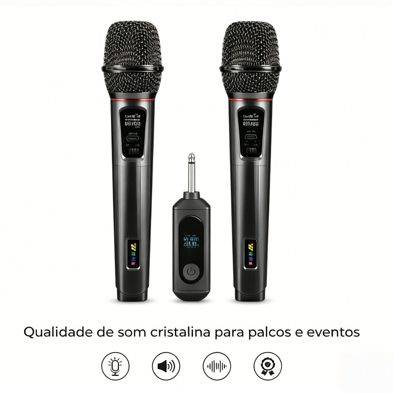 Microfone Sem Fio Duplo Profissional UHF Recarregável Compatível com Caixa de Som Karaokê Show e Live -HWN 900B