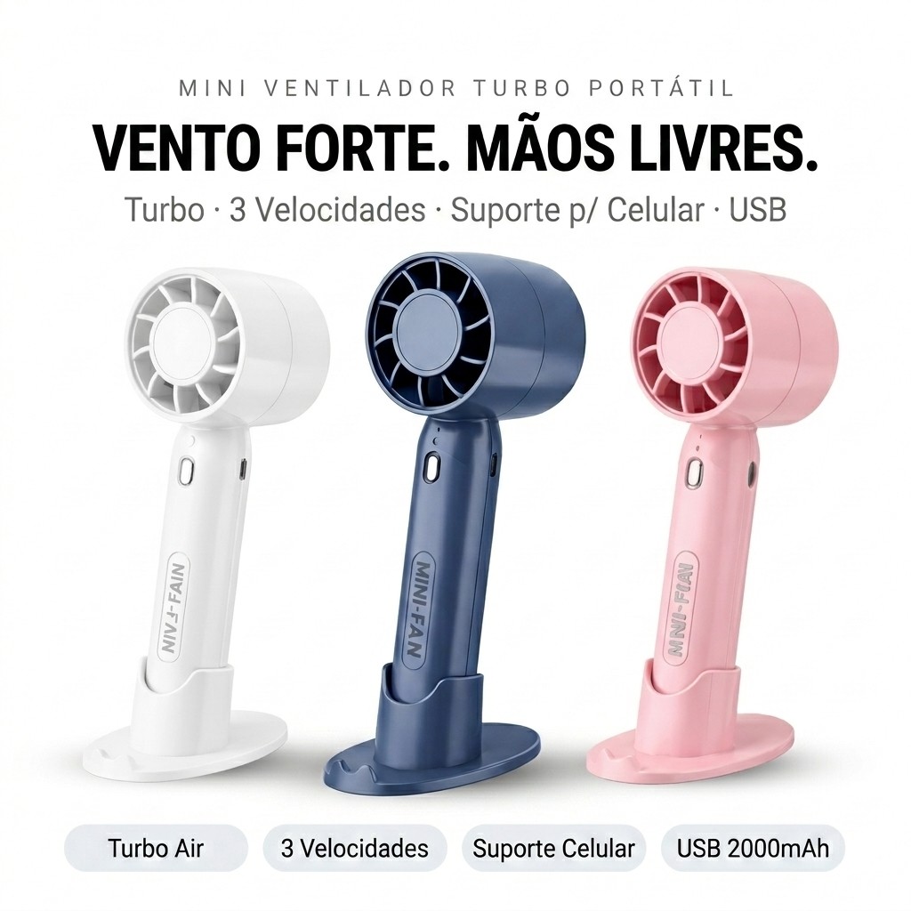 Mini Ventilador Portátil Mini Turbo USB Recarregável 3 Velocidades Silencioso Forte com Suporte Celular Mesa