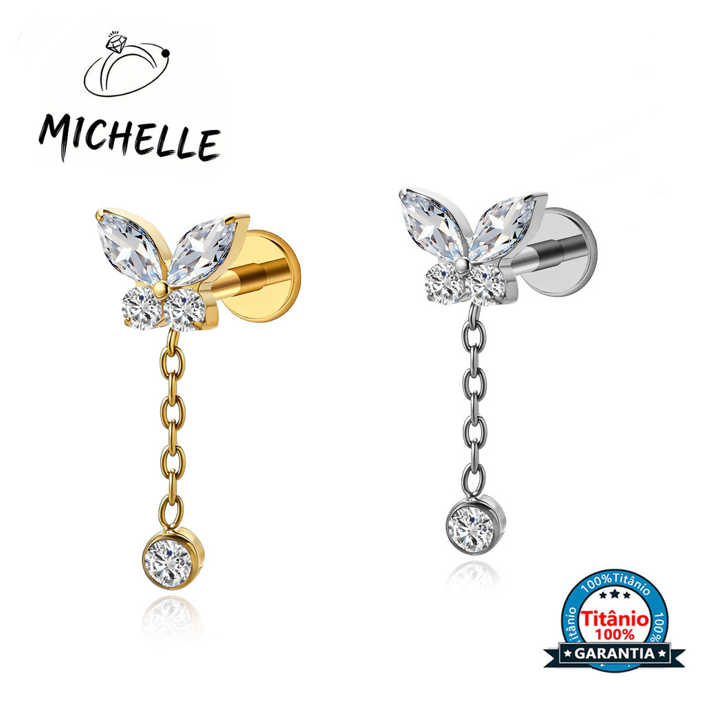 Piercing Orelha Labret Titânio Borboleta Com Pingente Zircônias Cravejado Helix Tragus Boca Nariz Daith