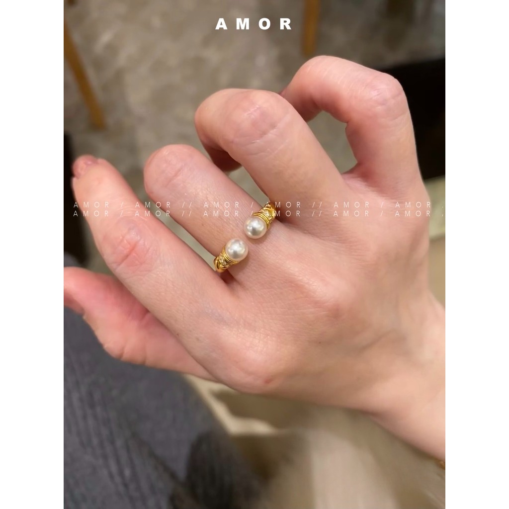 Anel Torcido De Ouro De Pérola Retrô Francesa E Zircão Brilhante • Faixa Aberta Ajustável De Moda Minimalista De Luxo De