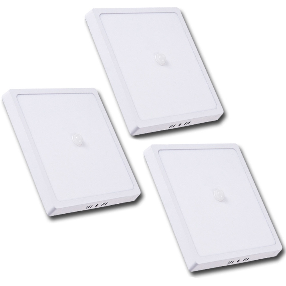 Kit 3 Painel LED Avant Sobrepor Quadrado 22cm Sensor de Presença Luz Branca Iluminação Geral