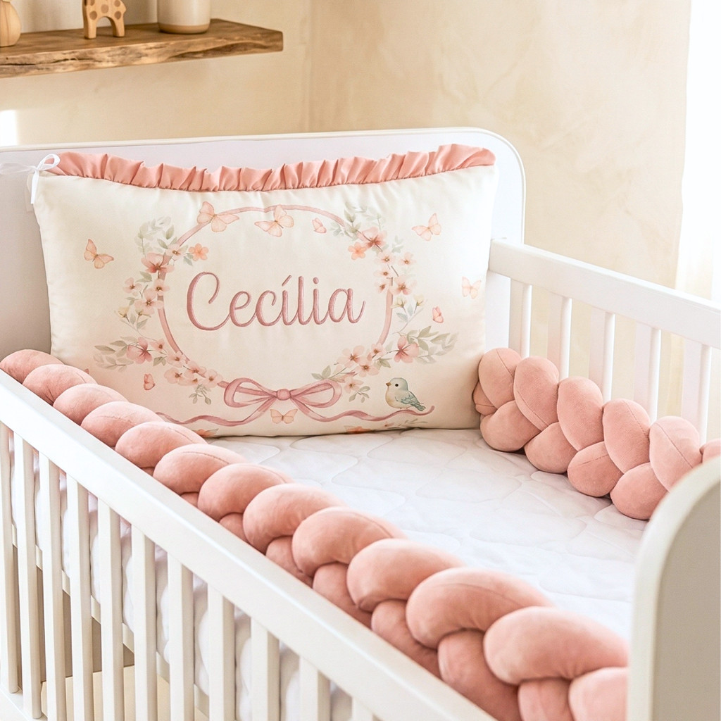 Kit Berço Personalizado Completo Protetor 3 Peças Padrão Americano Nacional Menina Borboletas Rosê