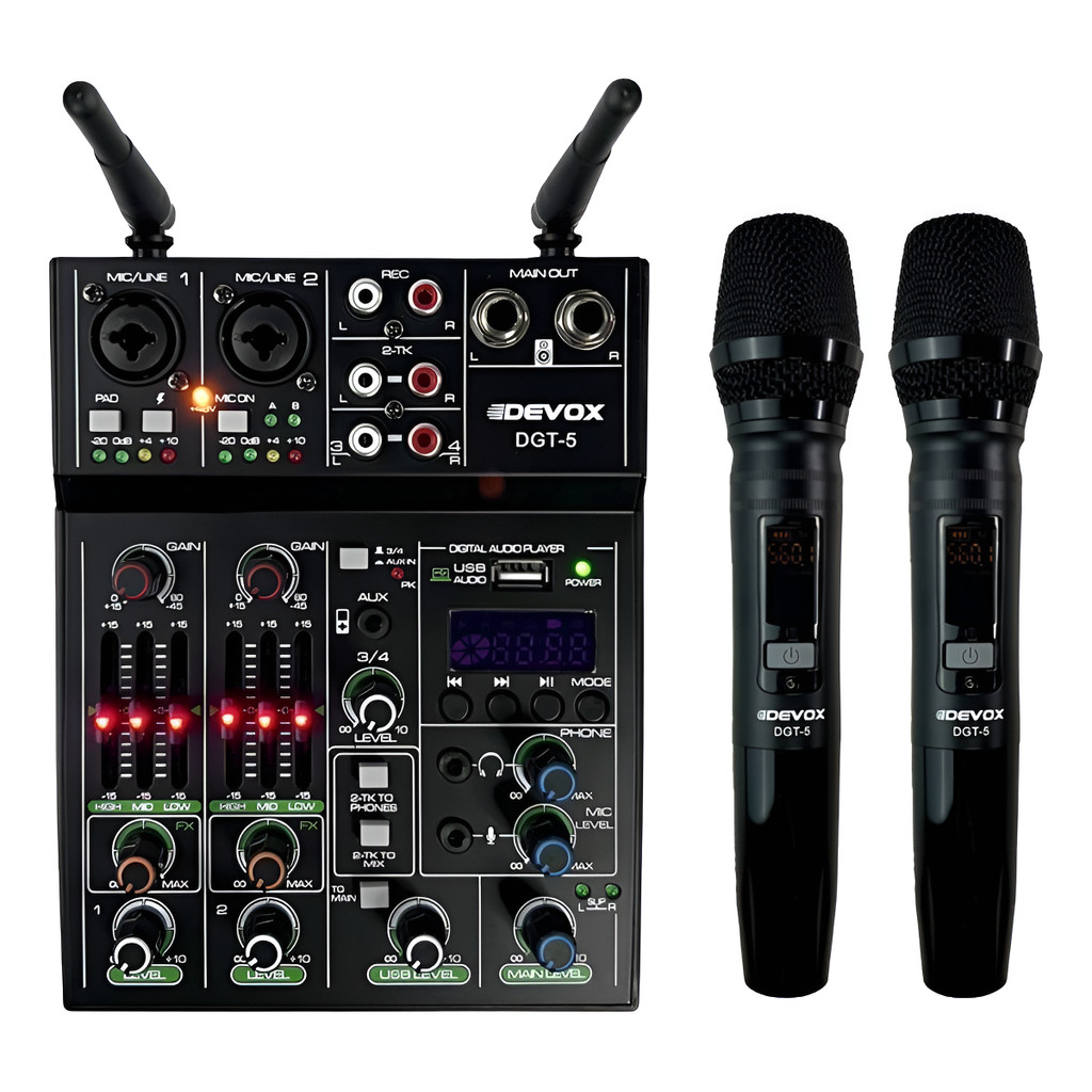 Mesa De Som + 2 Mic Sem Fio Devox Dgt-5 Efeitos Usb Phanton