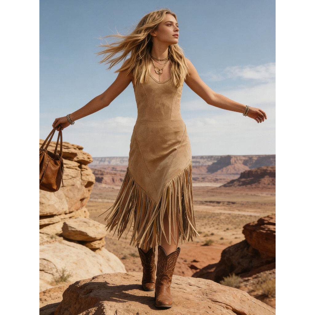 Vestido Longo Feminino De Camurça Sintética Com Franjas E Bainha , Sem Mangas , Decote Em V , Elegante , Slim Fit , Flui
