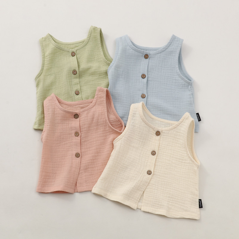 Ins pequeno fresco enrugado pano colete bebê puro algodão verão Cardigan topo feminino bebê masculino luz estilo ocident