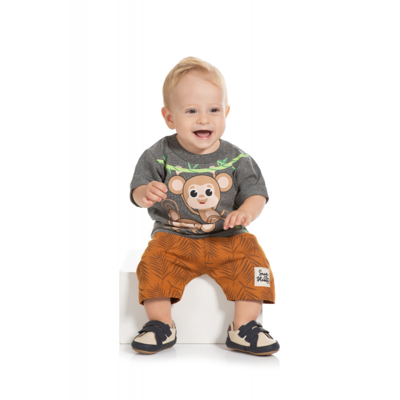 Conjunto Verão Infantil Bebê Menino Camiseta Manga Curta Com Bermuda Em Moletinho