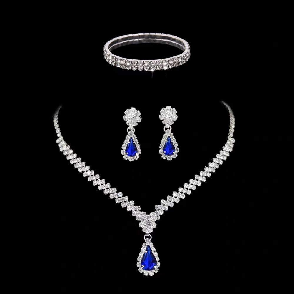 Conjunto 3 em 1 com colar brincos e pulseira de zircônia em formato de gota joias de casamento para mulheres