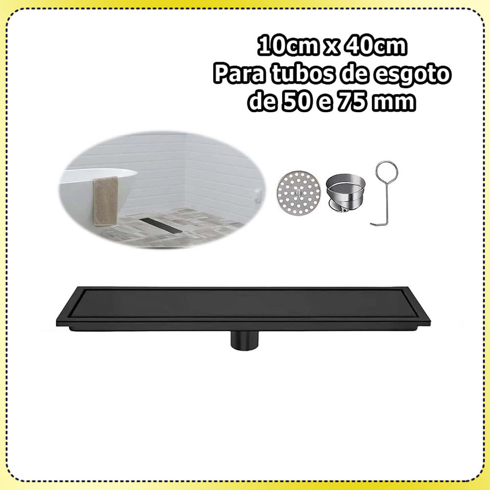10x40cm Ralo linear para chuveiro ralo retangular de aço inoxidável ralo embutido com tela filtrante Preto