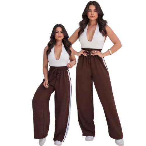 Calça Pantalona Feminina Duna Wide Leg Com Listra Lateral Moda Blogueira treino academia