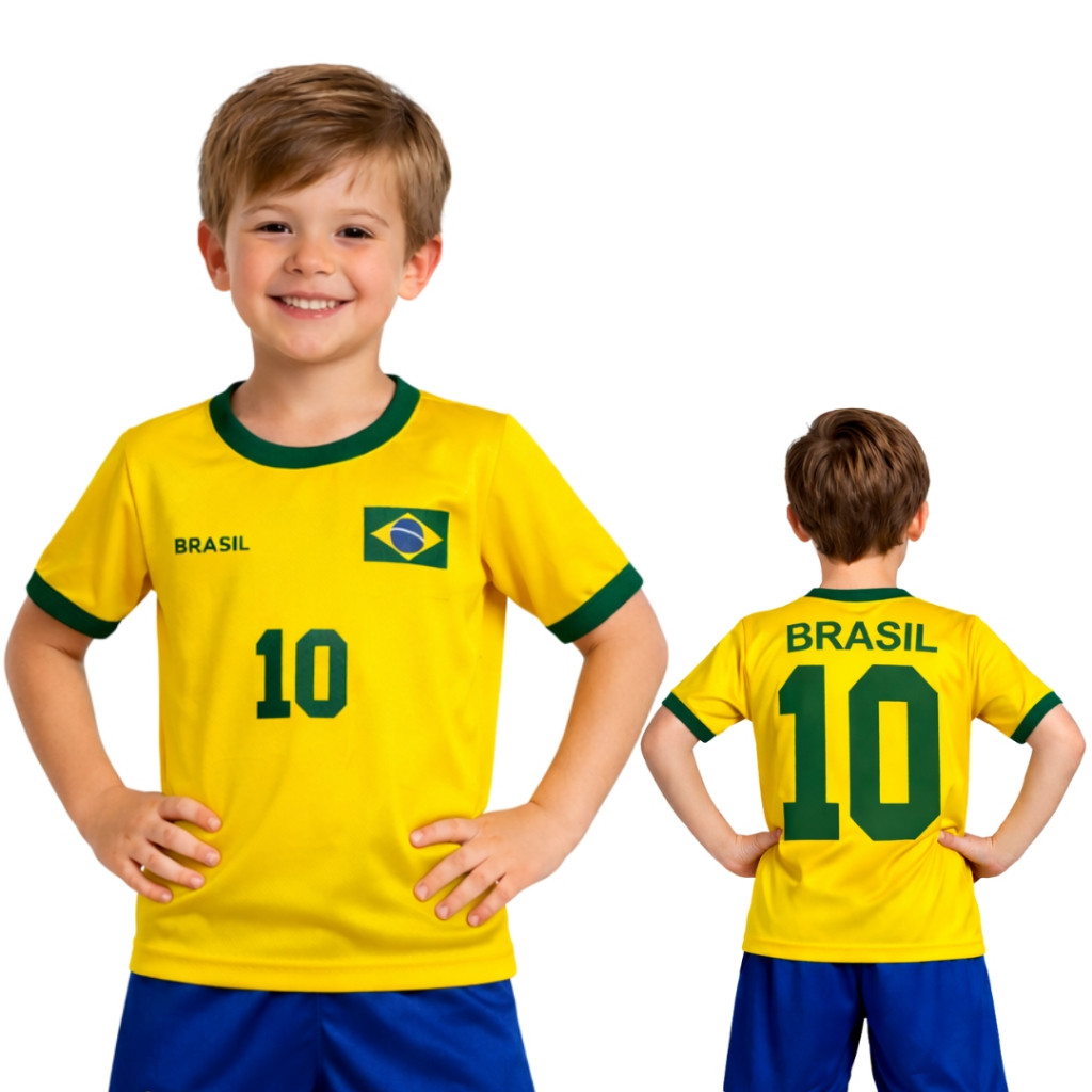 Camiseta Infantil Bandeira do Brasil com Tecido Confortável Numero Torcedor Copa do mundo Unissex