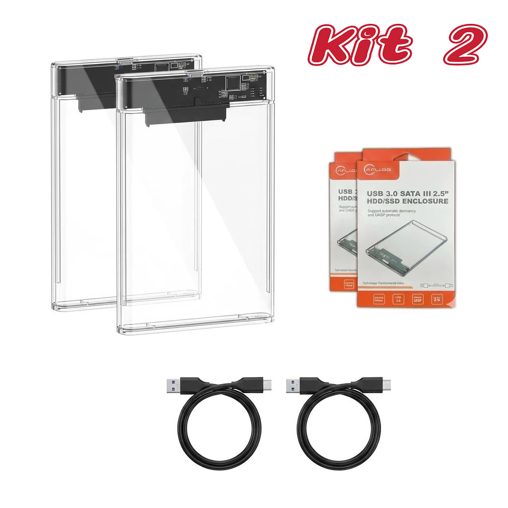 Kit 2 Case HD Externo 2.5 USB 3.0 SATA III Transparente SSD HDD Enclosure Alta Velocidade UASP