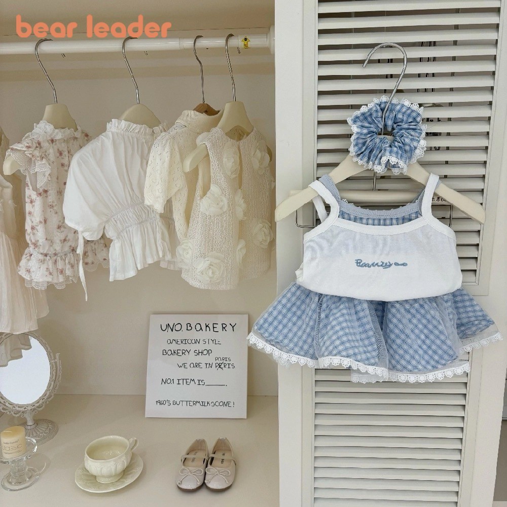 Bear Leader Verão Novo Azul Casual Versão Coreana Terno Com Carta Camisole Top E Saia Curta Xadrez De Renda Conjunto De