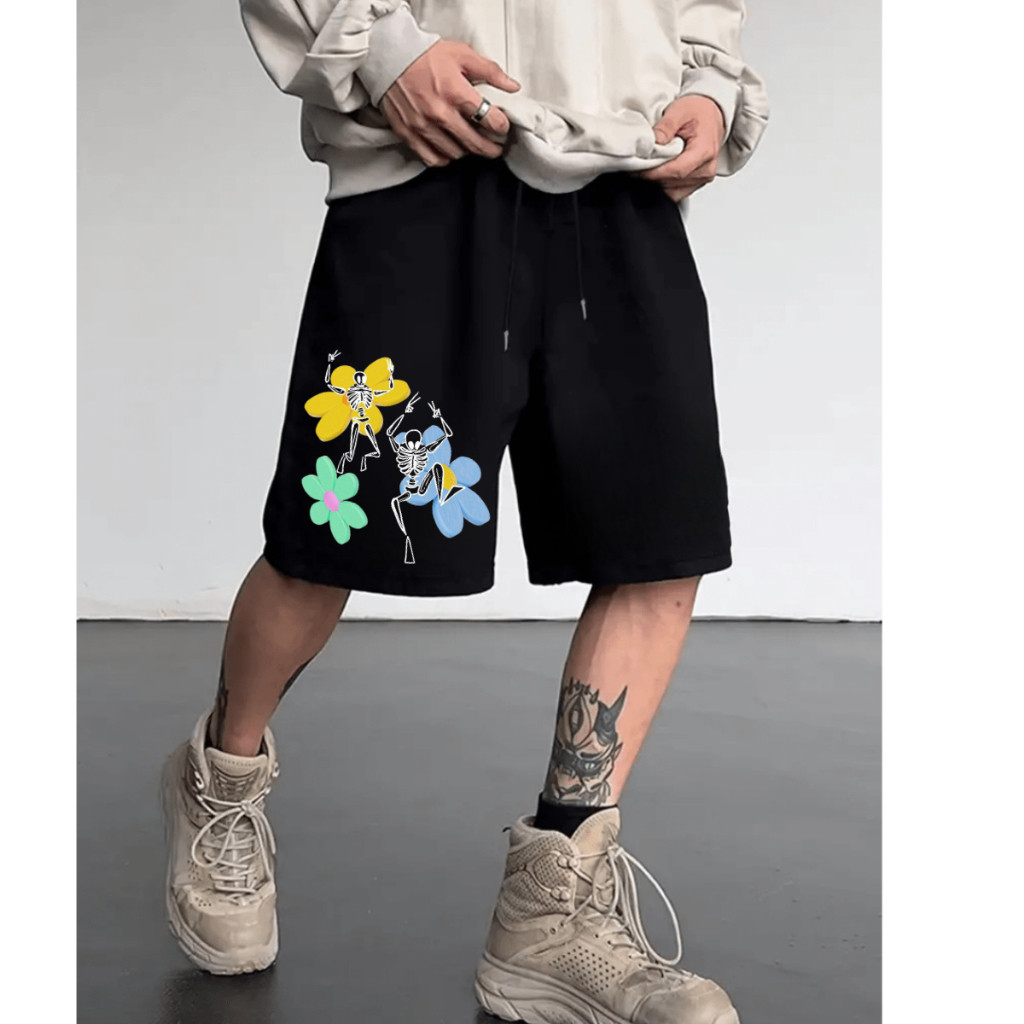 Short Bermuda Moletom Maculino E Feminino Estampado Caveira Flor