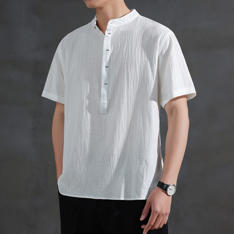 Verão estilo japonês tamanho grande Retro algodão linho camisa de manga curta masculina estilo chinês Tang terno gola al