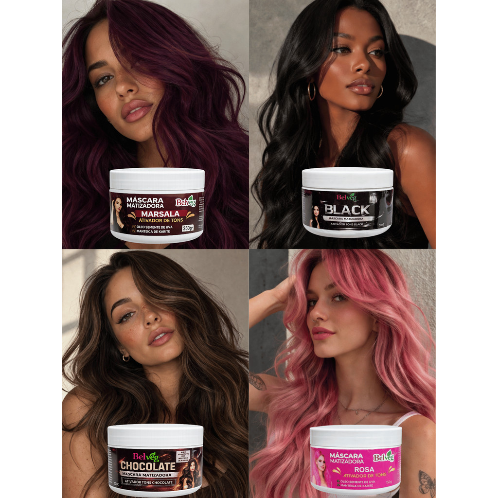 Tonalizante - Máscara Matizadora - PRETO - CHOCOLATE - ROSA - MARSALA - BelVeg 250g