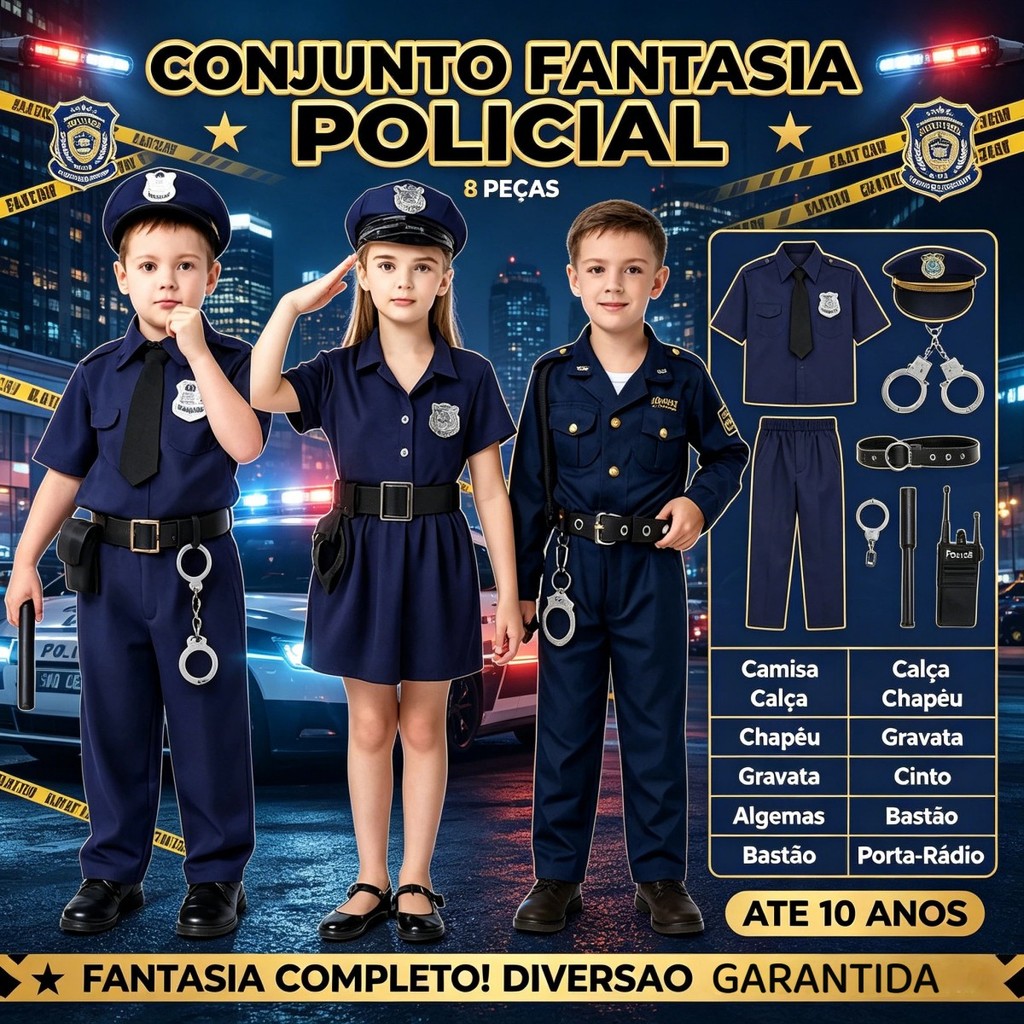 Fantasia Cosplay Policial Crianças Uniforme Policial Com Completa 90CM-130CM