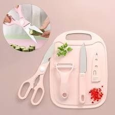 Kit 4 utensílios descascador tábua cortador faca inox tesoura cozinha De Achadinho