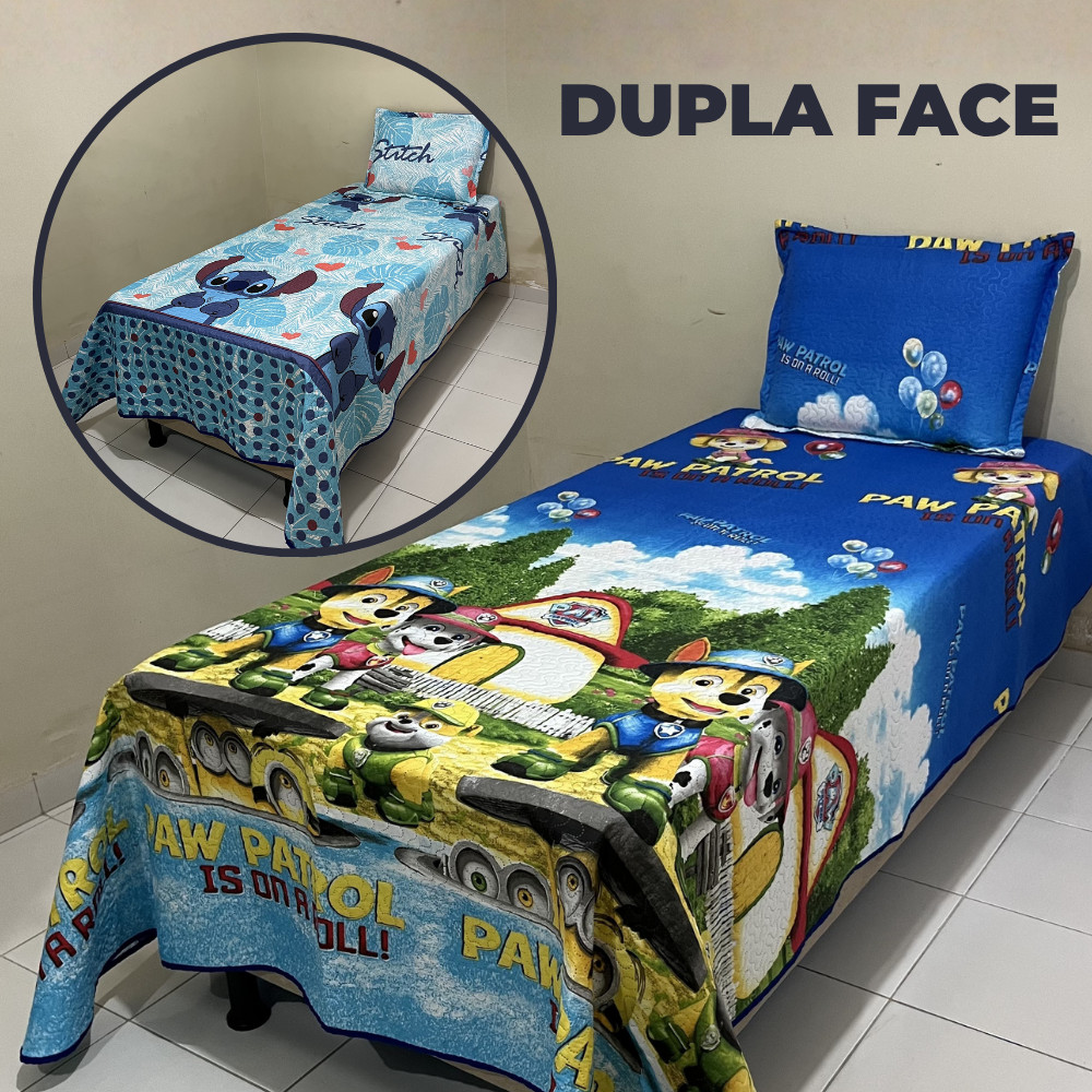 Cobre-leito Infantil Dupla Face Solteiro 2 Peças 1,80 x 2,40 Patrulha Canina Minions e Stitch