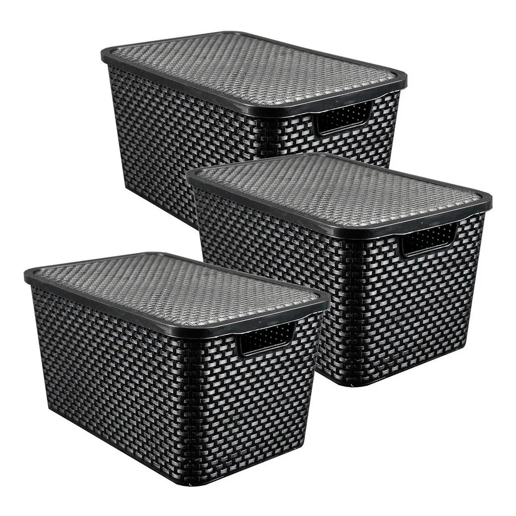 Caixas Organizadora Rattan 7 Litros C/ Tampa Preta Kit 3 Pçs Arqplast Preto