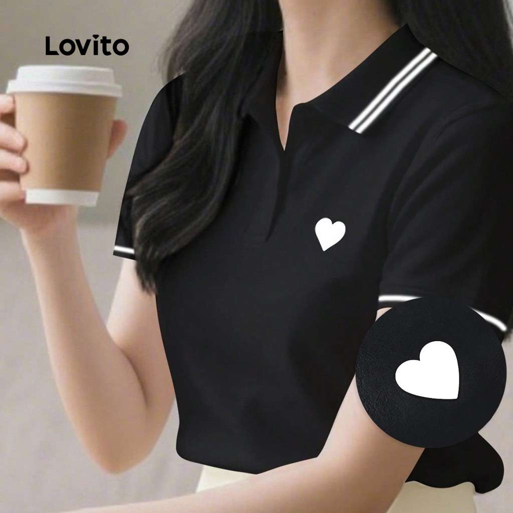 Lovito Camiseta Casual Colorblock com Laço Primavera/verão Preta para Mulheres L165ED1483 em Oferta na Shopee