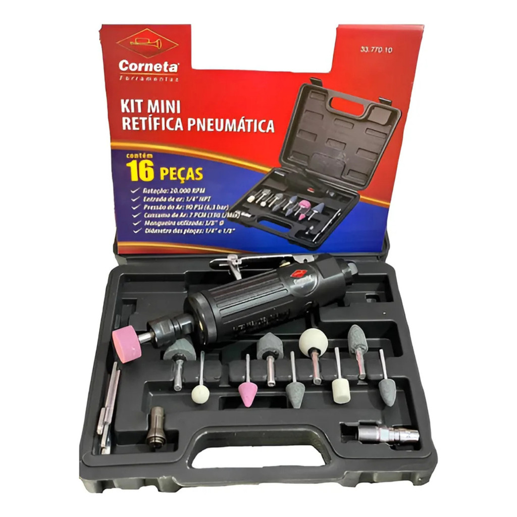 Kit Mini Retifica Pneumática Profissional Com Maleta e Acessorios 16 Peças 22.000 Rpm Corneta