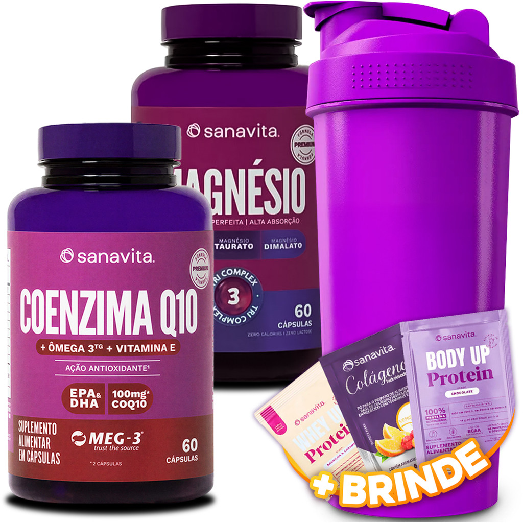 Kit Coenzima Q10 Sanavita Ômega 3tg 60 Caps + Magnésio Tri Complex Suplemento Alimentar Coqueteleira