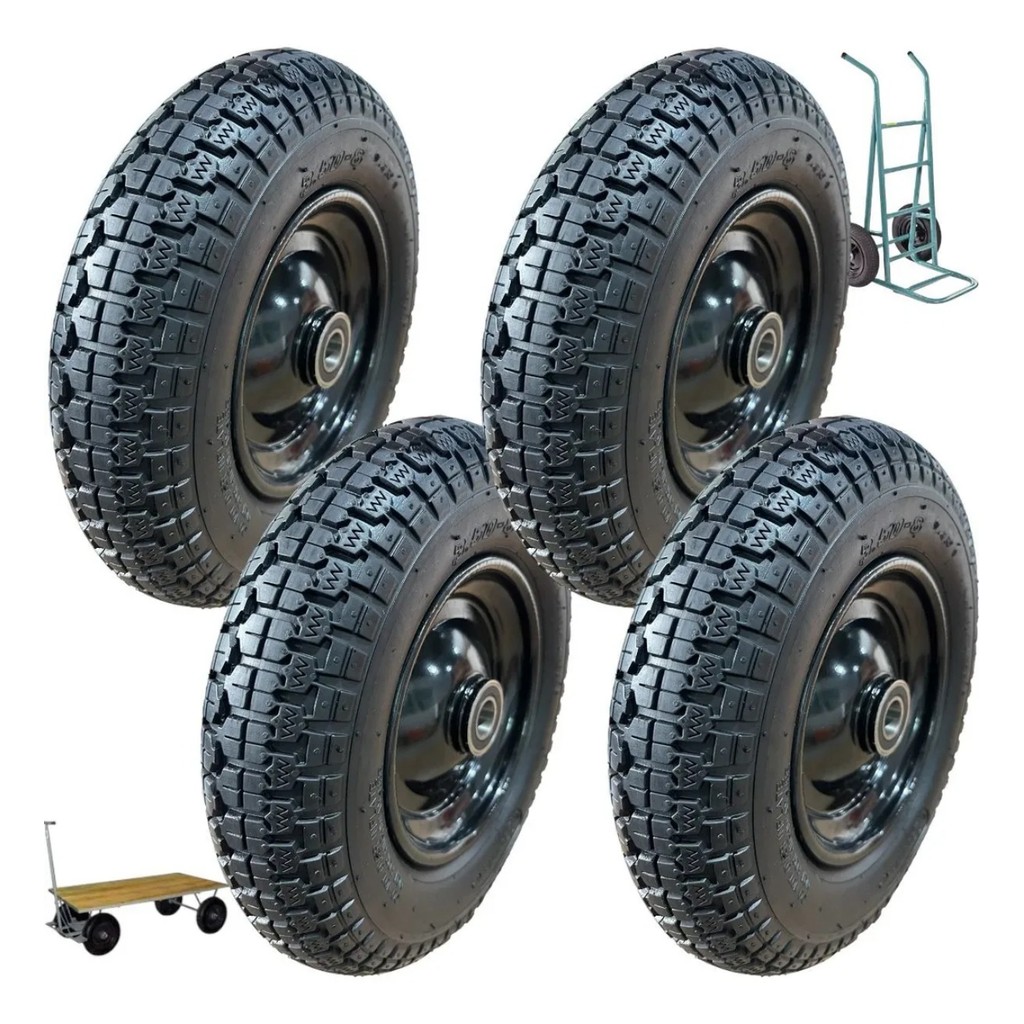 KIT 4 RODAS COMPLETA PNEU C/ CAMARA DE AR 3.50-8 ROLAMENTO DUPLO 800KG CARRINHO MÃO CARGA COMERCIO