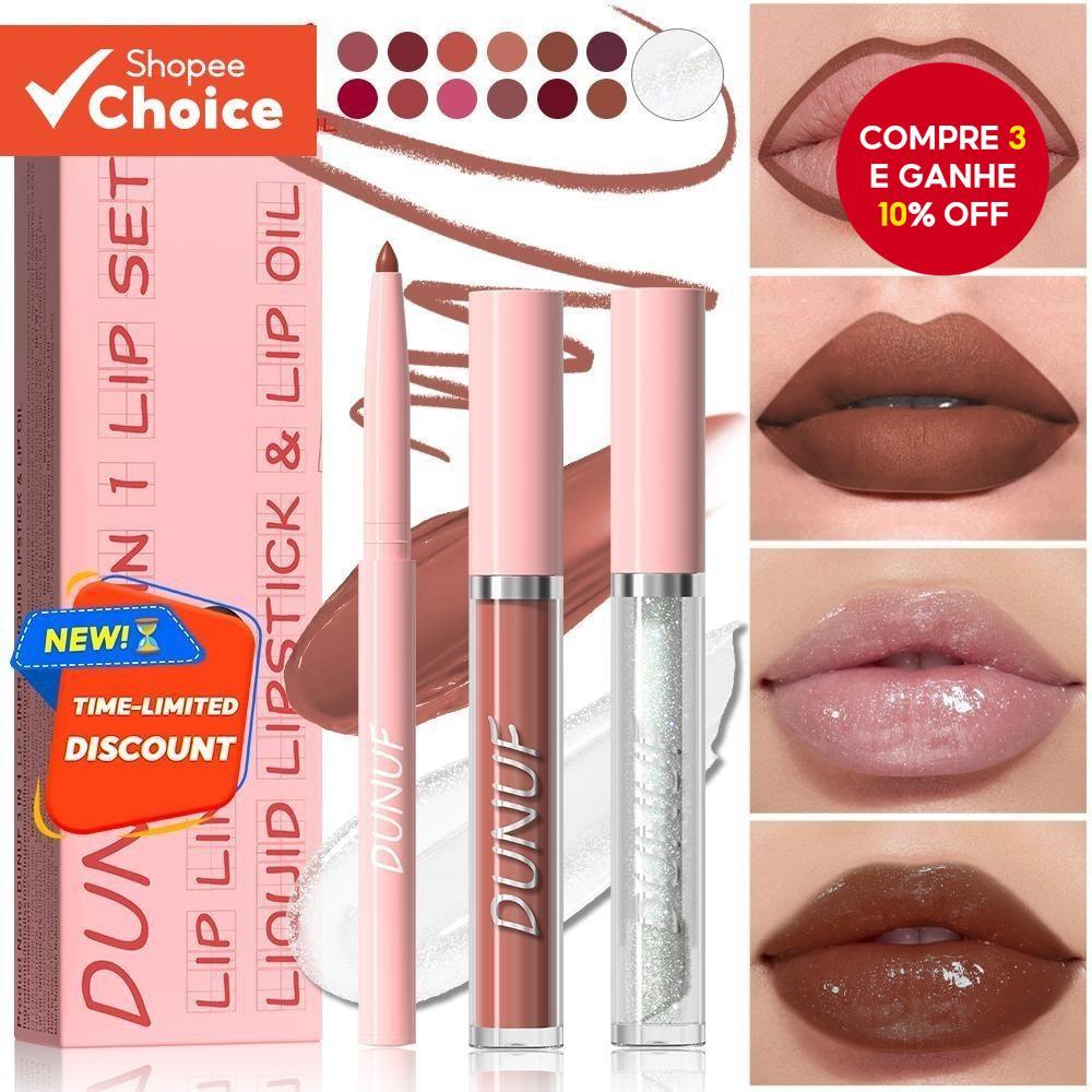 Conjunto De Lábios De Maquiagem Baratos Foscos DUNUF 3 Em 1 : Tons À Prova D'água , De Longa Duração E Universais . Pres