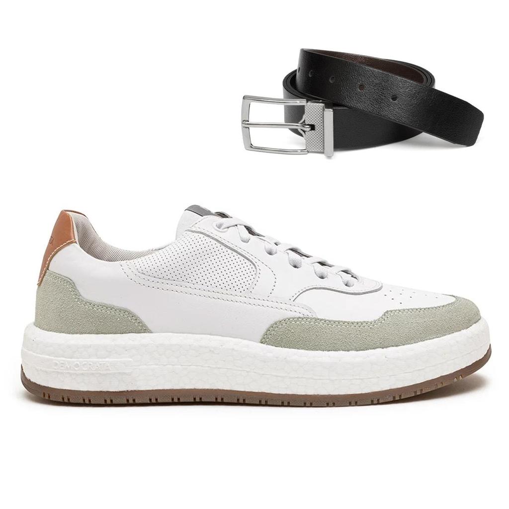 Tênis Democrata Couro Denim Drake Pulse + Cinto Dupla Face em Oferta na Shopee
