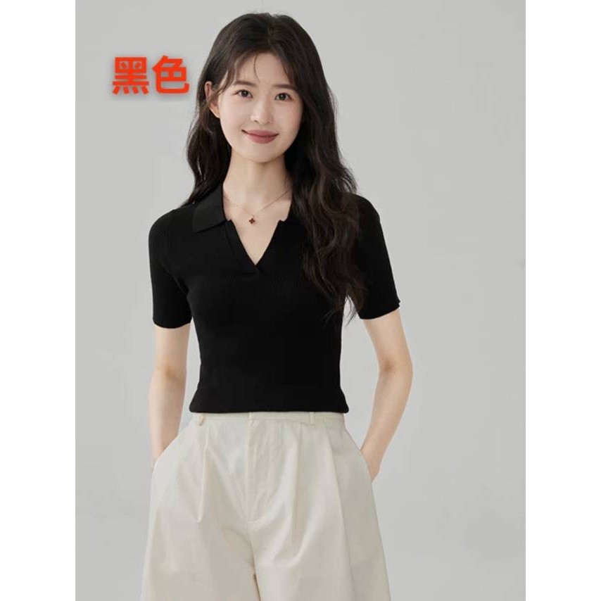 Francês amarelo polo lapela camisola de seda gelo manga curta ombro camiseta feminina verão fino ajuste com decote em v