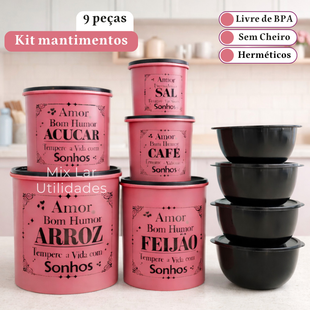 Kit Potes para Mantimentos Cozinha 9 Peças em Plástico Decorado em Oferta na Shopee