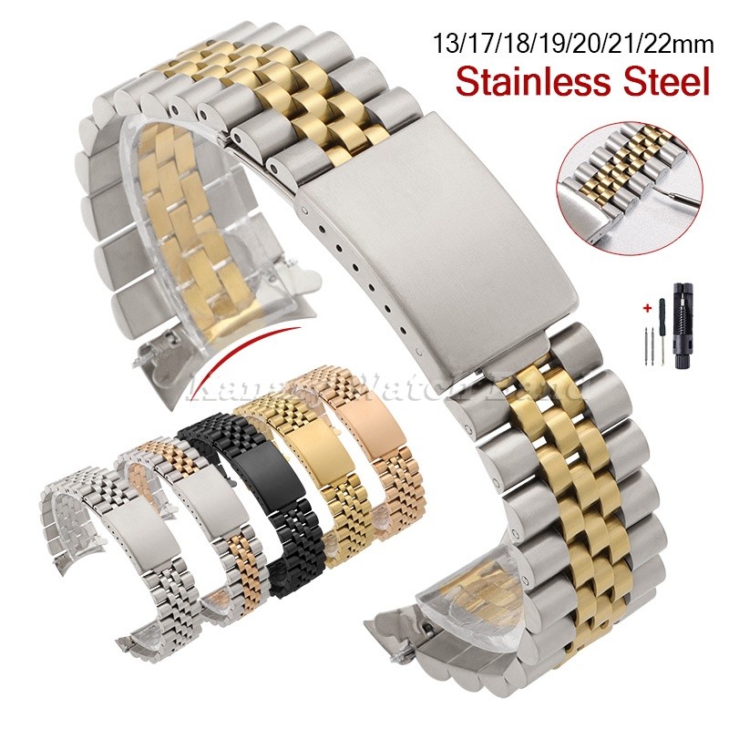 Pulseira De Relógio Com Extremidade Curva De Aço Inoxidável Soild 13/17/18/19/20/21/22mm Jubileu De Metal Fivela Dobráve