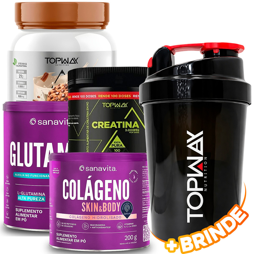 Whey Protein 100% 900g + Glutamina em Pó 300g + Creatina em Pó 300g + Colágeno Skin & Body 200g