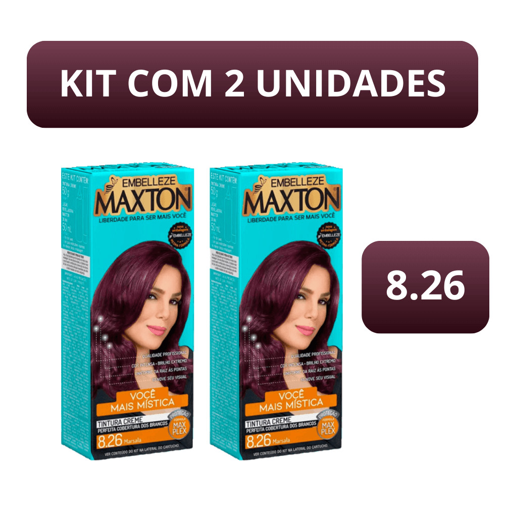 Kit c/2 Tintura de Cabelo Maxton 8.26 Marsala em Creme– Cor Intensa, Brilho e Cobertura Perfeita