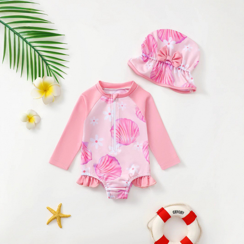 Maiô Premium Bebê Menina Verão Rosa com Manga Longa, Elegante e Fofo, Proteção Solar, Babado e Chapéu, Estampa Conchas