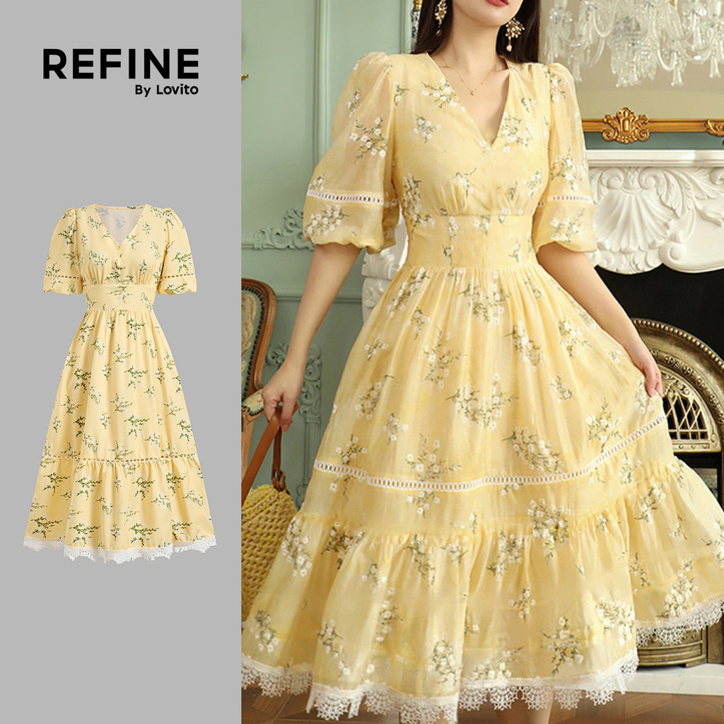 (Refine by Lovito) Vestido Elegante Amarelo Floral Zíper Gola Babados Camadas Primavera/verão Para Mulheres LR13L170