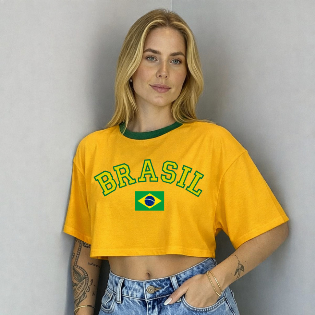 Cropped Oversized Brasil Bandeira Feminino Copa do Mundo 2026 100% Algodão cropet