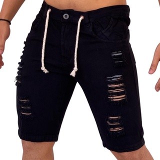 Bermuda Jeans Masculina Preta Destroyed com Cordão MIIX_&_ SHOPPING