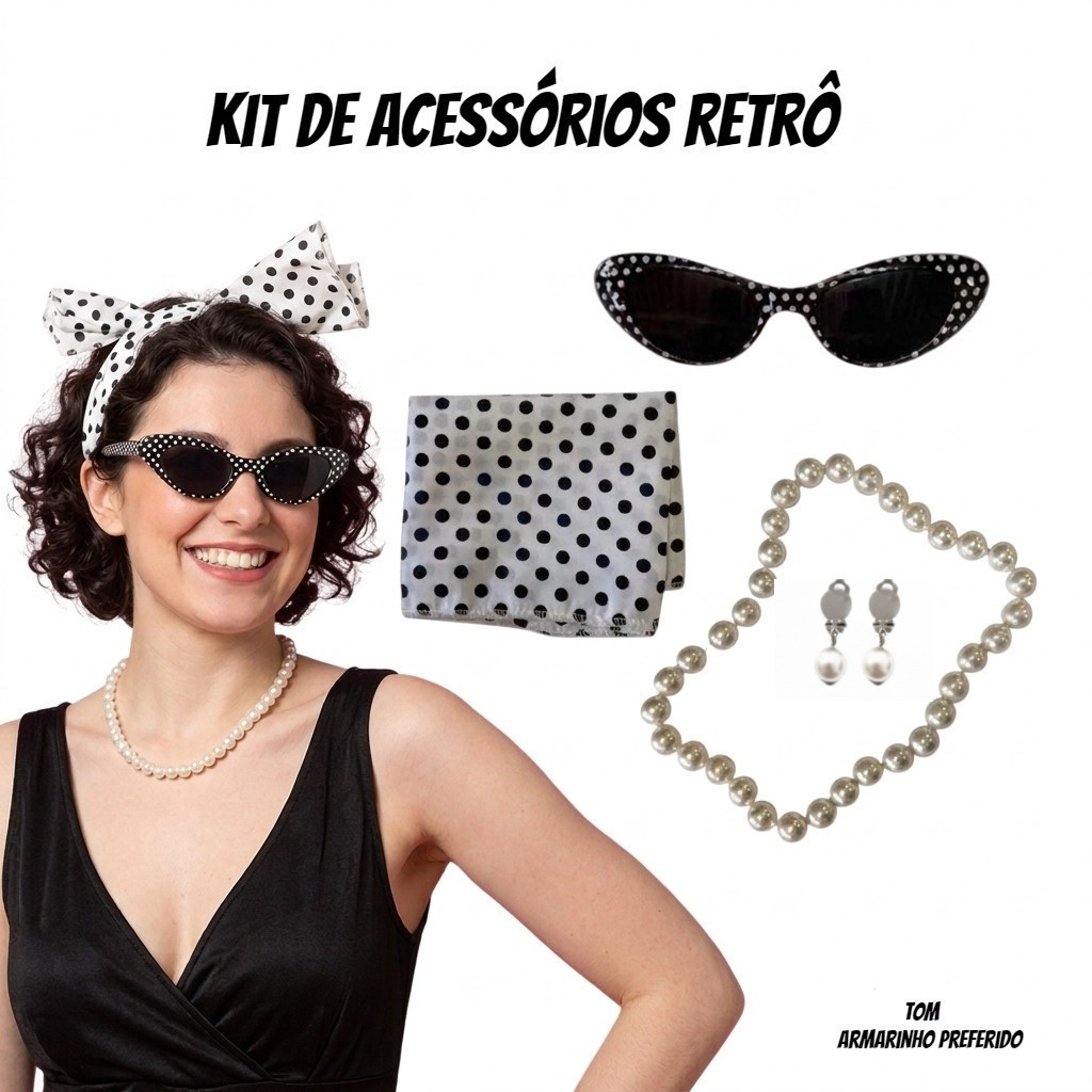Kit Retrô  Anos 50 Feminina Poá – Óculos Gatinho, Colar, Brincos e Bandana Vintage Completo em Oferta na Shopee