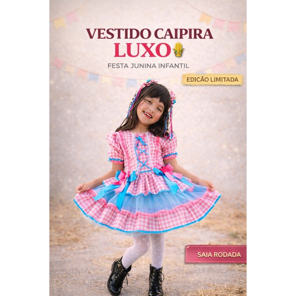 Vestido Infantil de Quadrilha Festa Junina Luxo Menina Rodado Caipira Xadrez São João Rosa Arraia