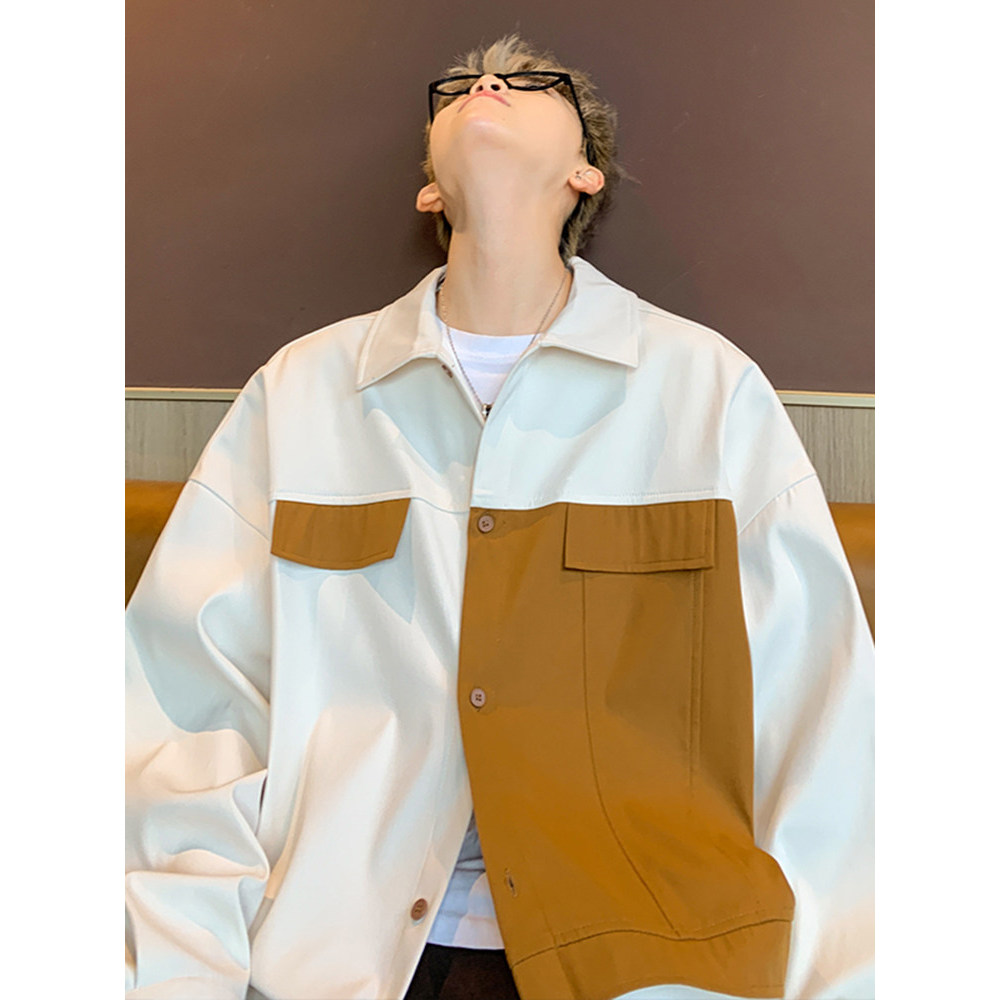 Camisa retrô americana masculina de manga comprida primavera street Wear contraste cor costura macacão camisa Design sen