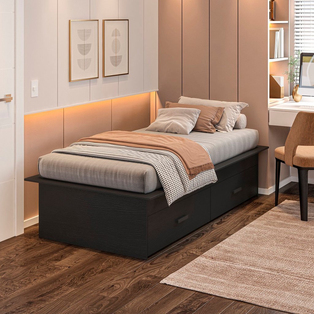Cama Solteiro Adulto com 2 Gavetas Deva Yescasa Preto Preto